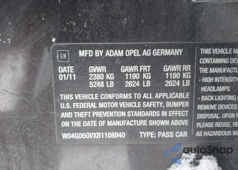 2011 Buick Regal Cxl Turbo Russelsheim from USA, damaged, VIN W04G05GVXB1108940